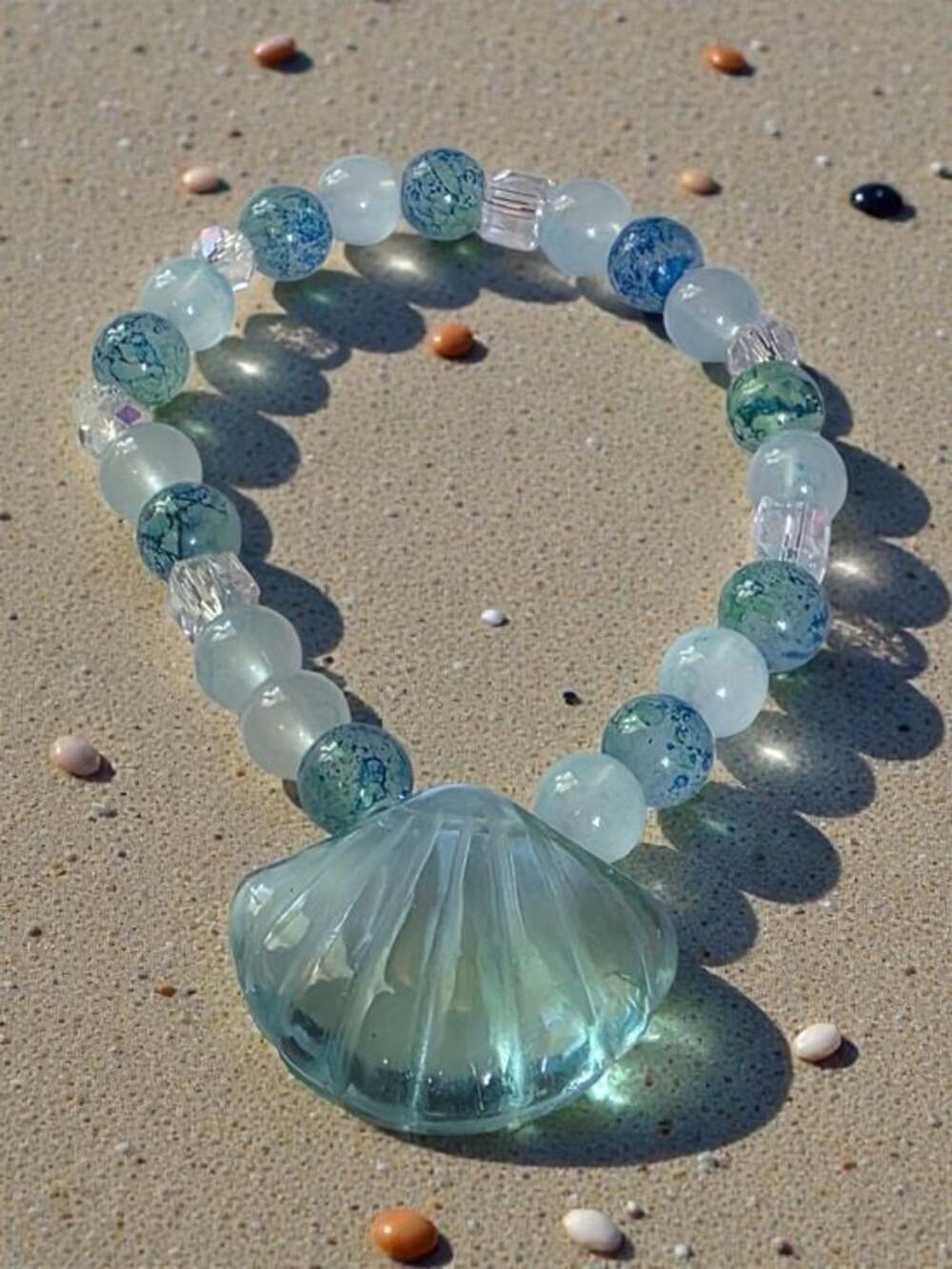 Sea Glass Blue Beaded Scallop Shell Stretch Bracelet